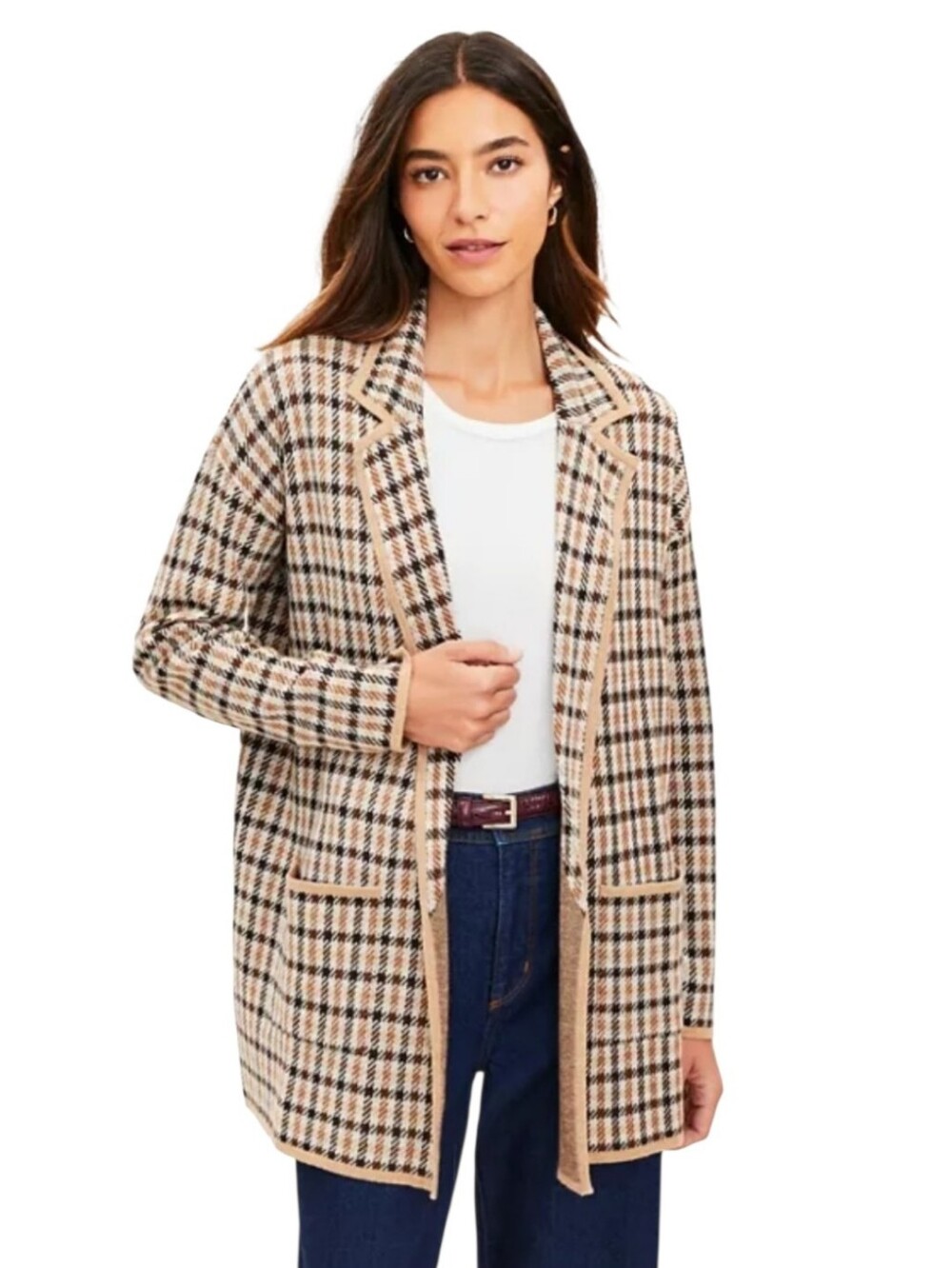 Women's Loft Brown Plaid Sweater Blazer Sz Large
